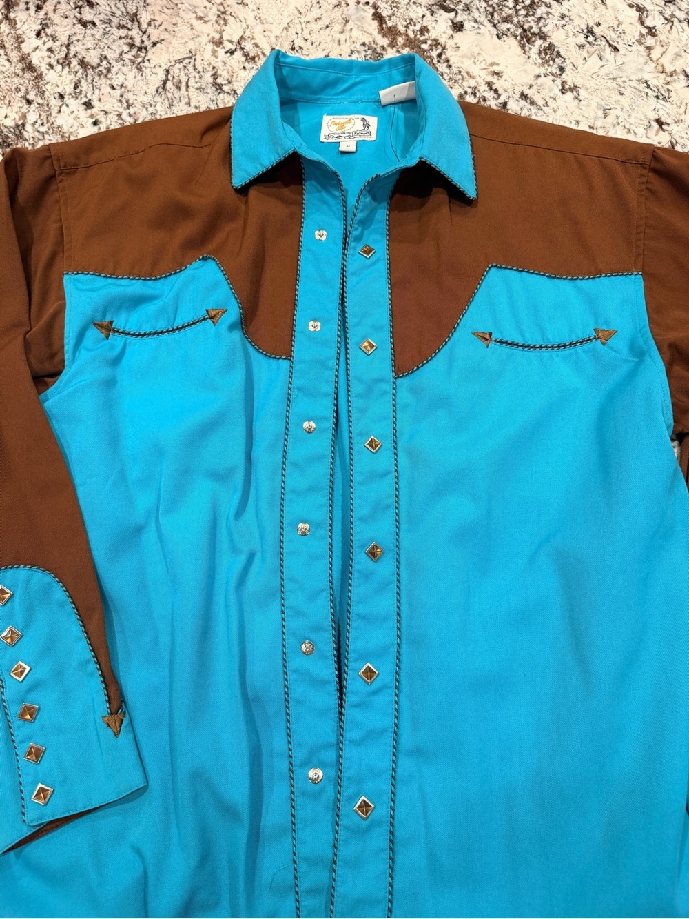 Vintage Western Two-Tone Turquoise and Brown Pearl Snap-Front Shirt